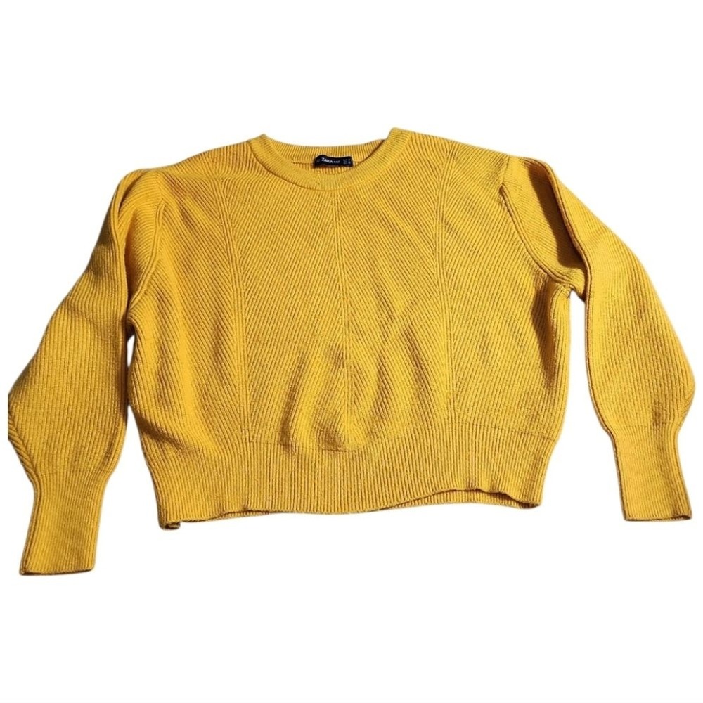 Zara Ribbed Knit Sweater Womens Size M Yellow Balloon Sleeve Cropped Cozy - Picture 7 of 7